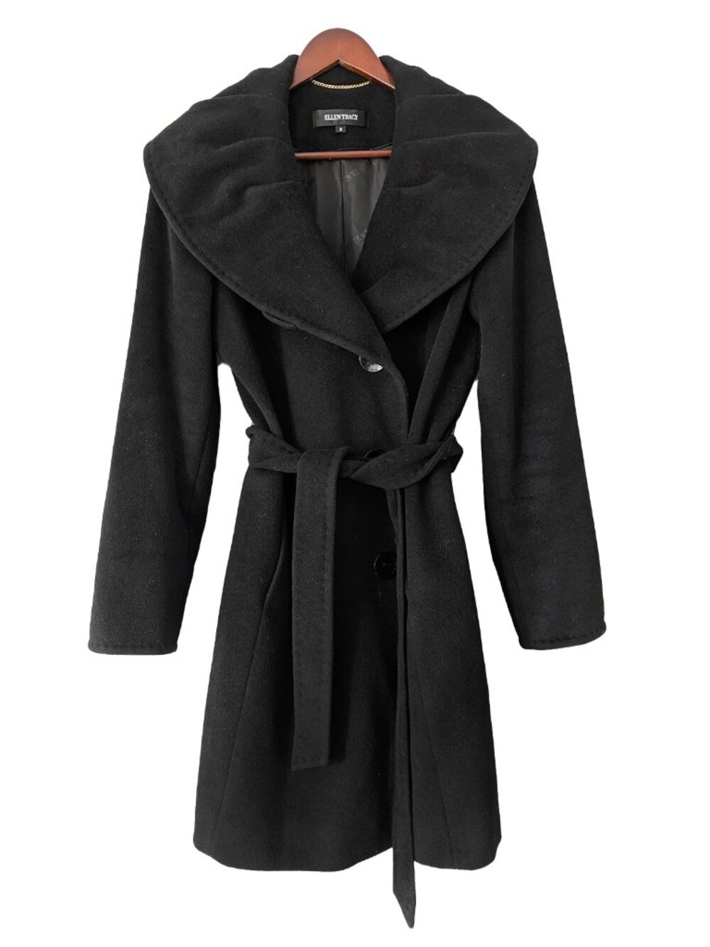 Ellen Tracy Black Wool Angora Ruffle Collar Belted Winter Trench Coat Size 8